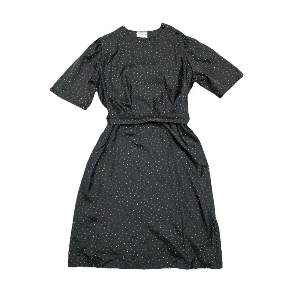 Vintage 70s 80s Allison Paige Dress 12 Black Midi Geo Print Belt Retro *butt